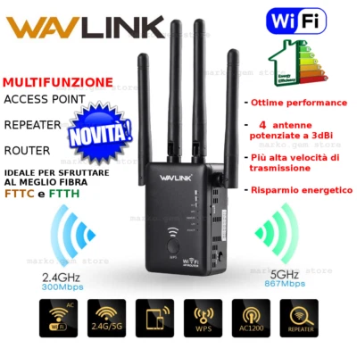 AMPLIFICATORE SEGNALE WIFI 2,4  5 GHZ AC1200 velocissimo RIPETITORE FIBRA ROUTER - Immagine 1 di 4