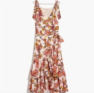 Madewell x Banjanan Wrap Ruffle-Hem Midi in Parrot Bird Print Dress Medium M EUC - Picture 1 of 7