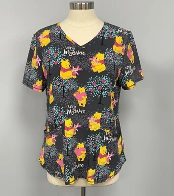 Disney Pooh Bear & Piglet Scrub Top M Dark Gray Scrubs Nurse Uniform Smock Shirt - Image 1 of 4