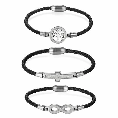 Stainless Steel Cross Cuff Bracelet Leather Braided Rope Men Women Jewelry Gift - Image 1 of 4