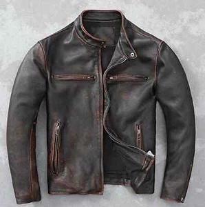 Chaqueta de cuero real marrón envejecida para motociclista café corredor vintage para hombre - Imagen 1 de 3