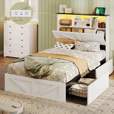 Marco de cama de granja con 4 cajones de almacenamiento de madera LED cama doble con espacio oculto Foto 1 de 4