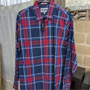 Express Mens Fitted Shirt Long Sleeve Plaid Button Down Red Blue, medium. NWT - Picture 1 of 7