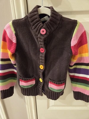 Girls Small (5-6) Brown Button Down Sweater With Multicolor Sleeves - Beautiful! - Image 1 of 4