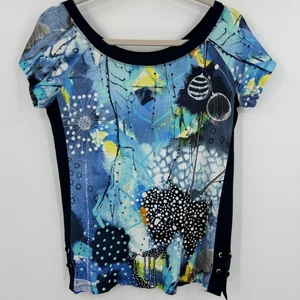 Dolcezza Shirt Womens Medium Blue Abstract Art Print Short Sleeve 20621 Top Tee - Picture 1 of 10
