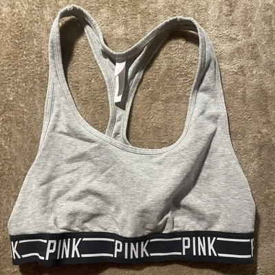 Victorias Secret Pink Sports Bra Womens Medium Gray Racer Back Spellout Band - Image 1 of 4