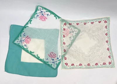 Vintage Handkerchief Lot 3 Floral Embroidered Hankies Turquoise 11x11 - Image 1 of 4