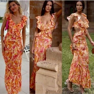 Zara NWT Linen Midi Dress Ruffles V-Neckline Cut-Out Watercolor Orange Size XL - Picture 1 of 16