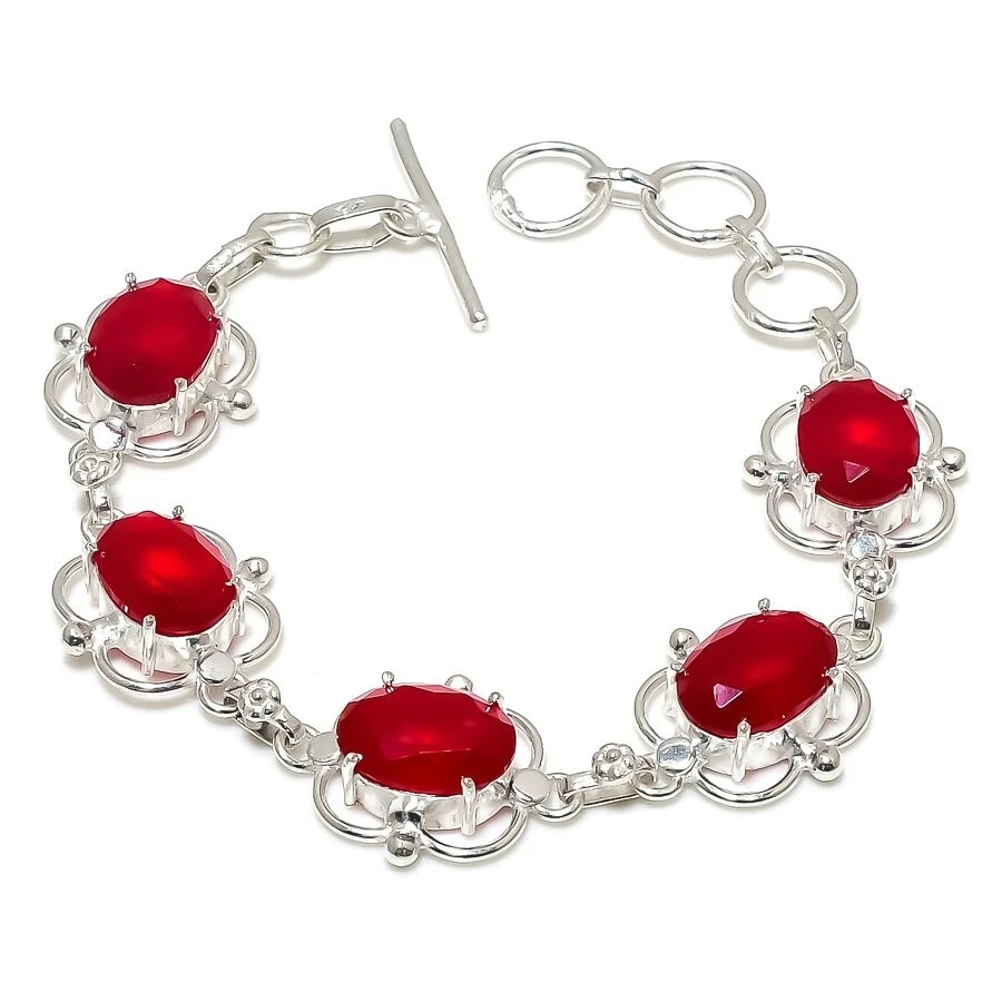 Pulseira de prata esterlina 925 feita à mão com pedra preciosa de coral vermelho tamanho 7-8" - Imagem 1 de 1