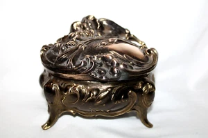 Antique Art Nouveau Trinket Box Dresser Jewelry Flowers Floral Footed Bronze - Picture 1 of 7
