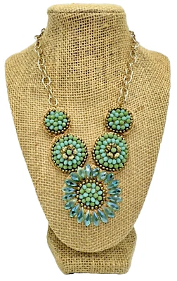Gold Tone Chunky Faux Turquoise & Green Stone Flower Statement Necklace - Image 1 of 4