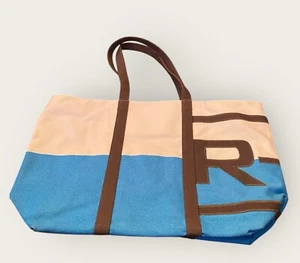 Borsa donna Rodan & Fields grande blu bianco marrone R+F tela foderata NUOVA - Foto 1 di 12