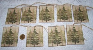 9~Christmas~Primitive~Rustic~Pine~Trees~Folk Art~Linen Cardstock~Gift~Hang~Tags - Picture 1 of 1