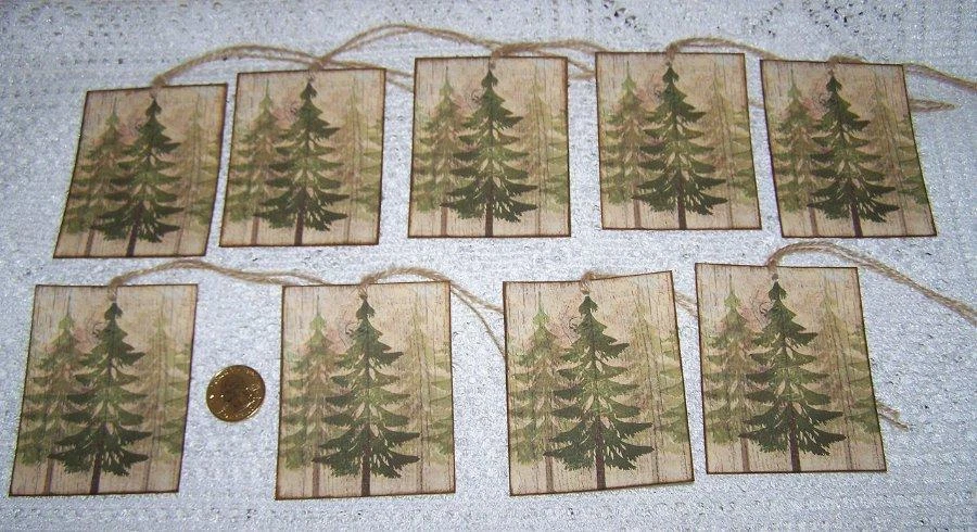 9-Christmas-Primitive-Rustic Trees-Farmhouse-Prim-Linen Cardstock-Gift-Hang-Tags - Image 1 of 1
