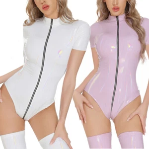 Women Open Crotch Zip Jumpsuit Shiny PVC Leather Catsuit Bodysuit Leotard Romper - Picture 1 of 38