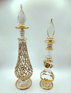 Antique Hand Blown Clear & 18kt Gold Accents Murano Glass Perfume Bottle- (2) - Picture 1 of 10