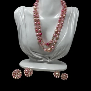 Vintage Necklace Earrings Faux Pink Pearl Vintage Made in Japan - Picture 1 of 12