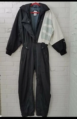 ГОЛОВА VTG женщин цельный нагрудник лыж/снега костюм черный белый капюшон Sz M 1980-х недостаток - Изображение 1 из 4