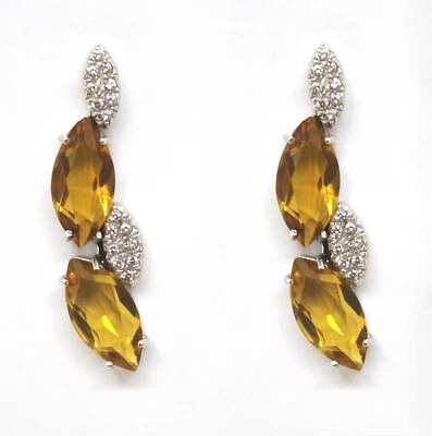 Orecchini in Oro Bianco 18k Pendenti con Quarzo Citrino a Navette e Zirconie - Immagine 1 di 2