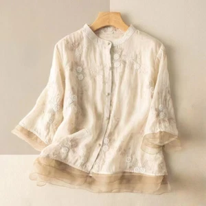 Damen Ethno Bluse Shirt Top Stickerei Blume Knopf Elegant Freizeit Locker - Bild 1 von 15