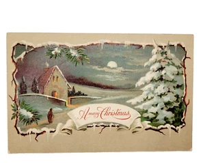 A MERRY CHRISTMAS Old Winter Village Scene Vintage 1909 Postcard Canceled Stamp - Picture 1 of 5