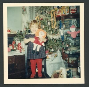 Smiling Blonde Girl Rag Doll Toys Christmas Tree Vintage Photo Snapshot 1960s - Picture 1 of 1