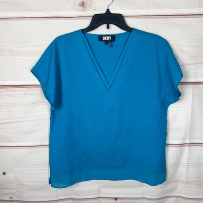 DKNY Top Womens S Blue V-Neck Blouse Dolman Sleeve Pullover Woven Chiffon Trim - Image 1 of 4