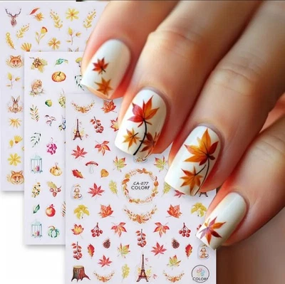 Autumn Leaves Nail Art Stickers Fall Pumpkin Rabbit Fox Maple Acorn Berries CA