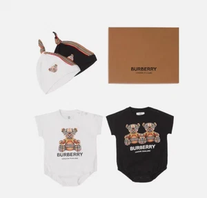 Burberry Unisex Baby Thomas Bear Motif Romper Beanie Set, White Black 18 Mth NIB - Picture 1 of 14