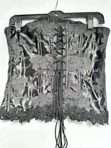 VTG Empire Intimates Corset Top SZ 36 Black Lace Up Brocade Whimsygoth Witch USA - Picture 1 of 12