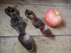Two Vintage Carved Wood Welsh Love Spoons - Picture 1 of 15