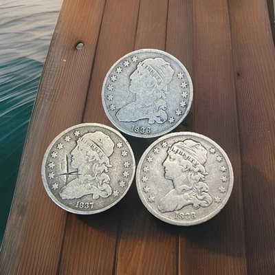 Lot Of 3 Capped Bust Silver Quarters: 1836, 1837, 1838 ~ FINE-XF DETAILS - Image 1 of 4