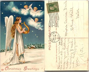 Christmas Angel Lyre Postcard 1909 Sioux City IA Woodbury Co Holiday Greetings - Picture 1 of 1