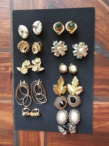 Vtg Lot 12 Pair Clip On Earrings Cameo Rhinestone 5 Signed 2 Trifari Monet Coro+ - Picture 1 of 19