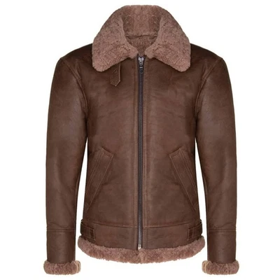 Shearling Aviator Bomber Jacket: Brown Sheepskin Leather Coat - Image 1 of 4