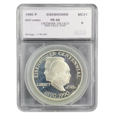 1990-P Eisenhower Commemorative Proof Silver Ike Dollar SEGS 66 Deep Cameo - Image 1 of 2