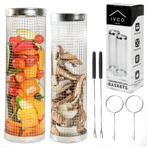 Deluxe 2XL Stainless Steel Rolling Grilling Baskets Set - BBQ Outdoor Grill C... - Picture 1 of 7