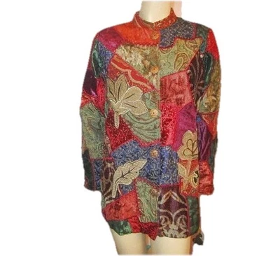 Индиго Moon куртка женщин XS лоскутное одеяло бархата вышитое искусство носить богемное Artsy - Изображение 1 из 4