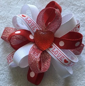 Girls Hair Bow 3 1/2" Wide Flower Red Heart Love Ribbon Alligator Clip - Picture 1 of 2