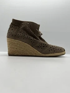 TOMS Shoes Heels Bootie Wedge Brown Suede Leather Lace Up Espadrille Size US 9 - Picture 1 of 11