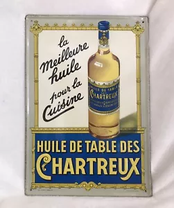 Antica insegna pubblicitaria FRANCESE in latta pressata, HUILE DE TABLE DES CHARTREUX, 15x10 - Foto 1 di 9