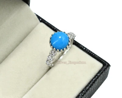 10 MM Natural Turquoise Gemstone 925 Sterling Silver Engagement Ring For Women - Image 1 of 4