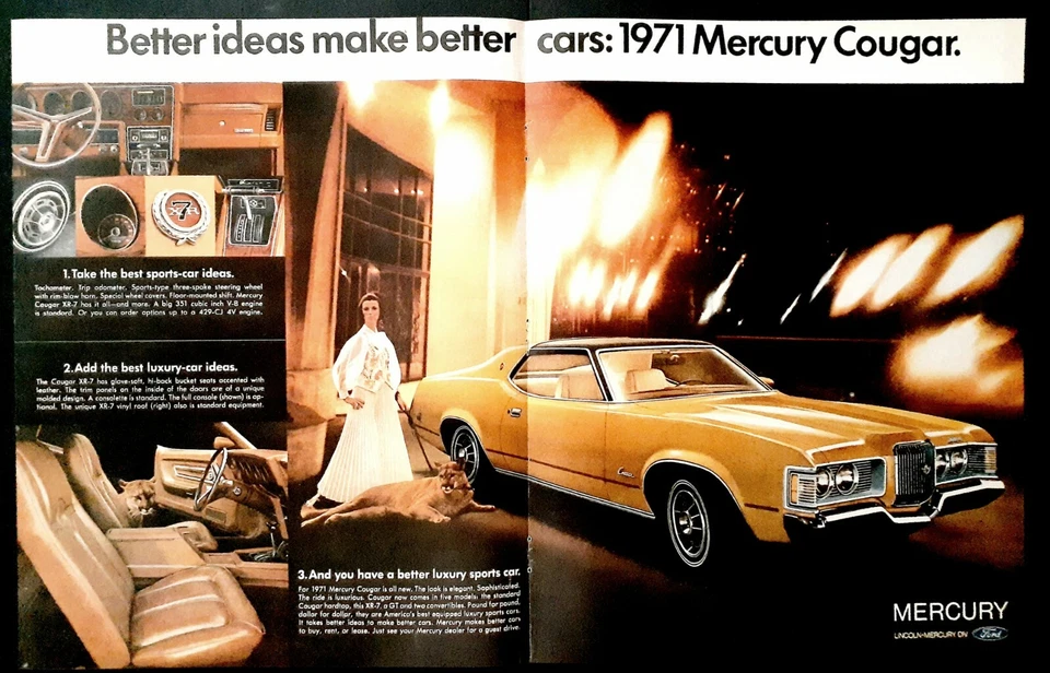 Mercury Cougar XR -7 car ad Vintage 1971 original center fold advertisement  - Image 1 of 4
