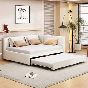 Full Size Linen Fabric Bed Frame Upholstered Daybed with Trundle Sofa Bed Frame - Picture 1 of 12