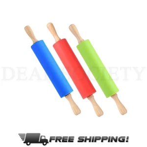 Non Stick Surface Wooden Handle Silicone Rolling Pin Kitchen Utensil ChooseColor - Picture 1 of 11
