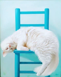 "Mi silla azul" de Lidia Kirov, impresión artística de edición limitada sobre lienzo 16x20, gato - Imagen 1 de 1
