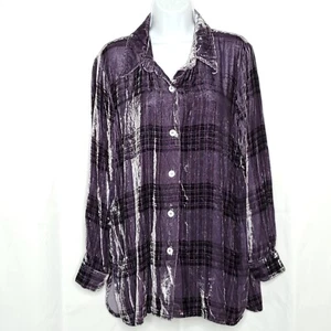 Soft Surroundings Karo Top M lila schwarz Knopfleiste Relaxed Samt - Bild 1 von 7