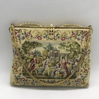 Antique French Scene Petit Point Tapestry Crystal Decorated Brass Frame Purse - Image 1 of 4