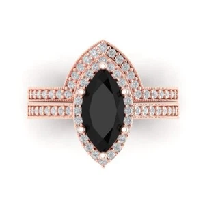 2.16 MQ Round Cut Halo Natural Onyx Promise Bridal Ring Band set 14k Rose Gold - Picture 1 of 5