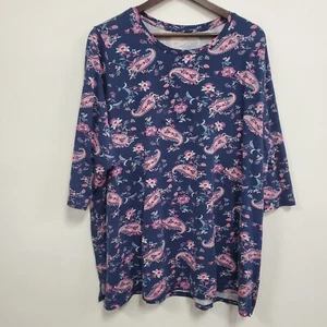 Lands End Womens Boho Floral Paisley 3/4 Sleeve Top Size 3X Blue Pullover Artsy - Picture 1 of 13
